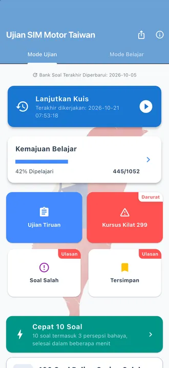 Tampilan beranda aplikasi: progres belajar, Ujian Tiruan, Kursus Kilat 299, Soal Salah, Tersimpan, dan Cepat 10 Soal