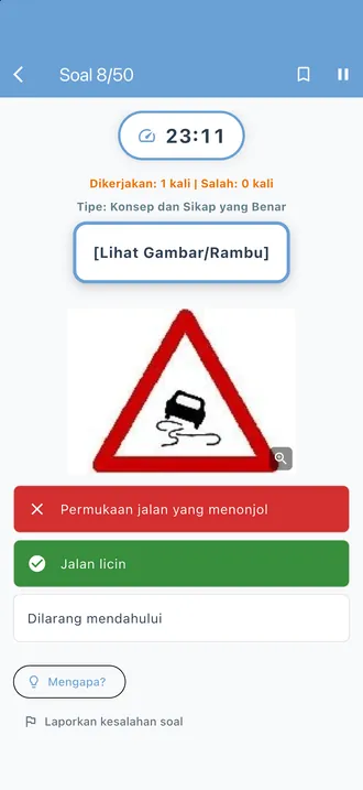 Layar simulasi ujian: soal ke-8 dari 50, soal rambu lalu lintas yang sudah dijawab, dengan tombol Mengapa? di bawah pilihan jawaban